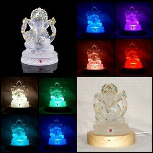 Ganesha Crystal Statue with Color‑Changing LED Wood Stand – Spiritual Home Decor